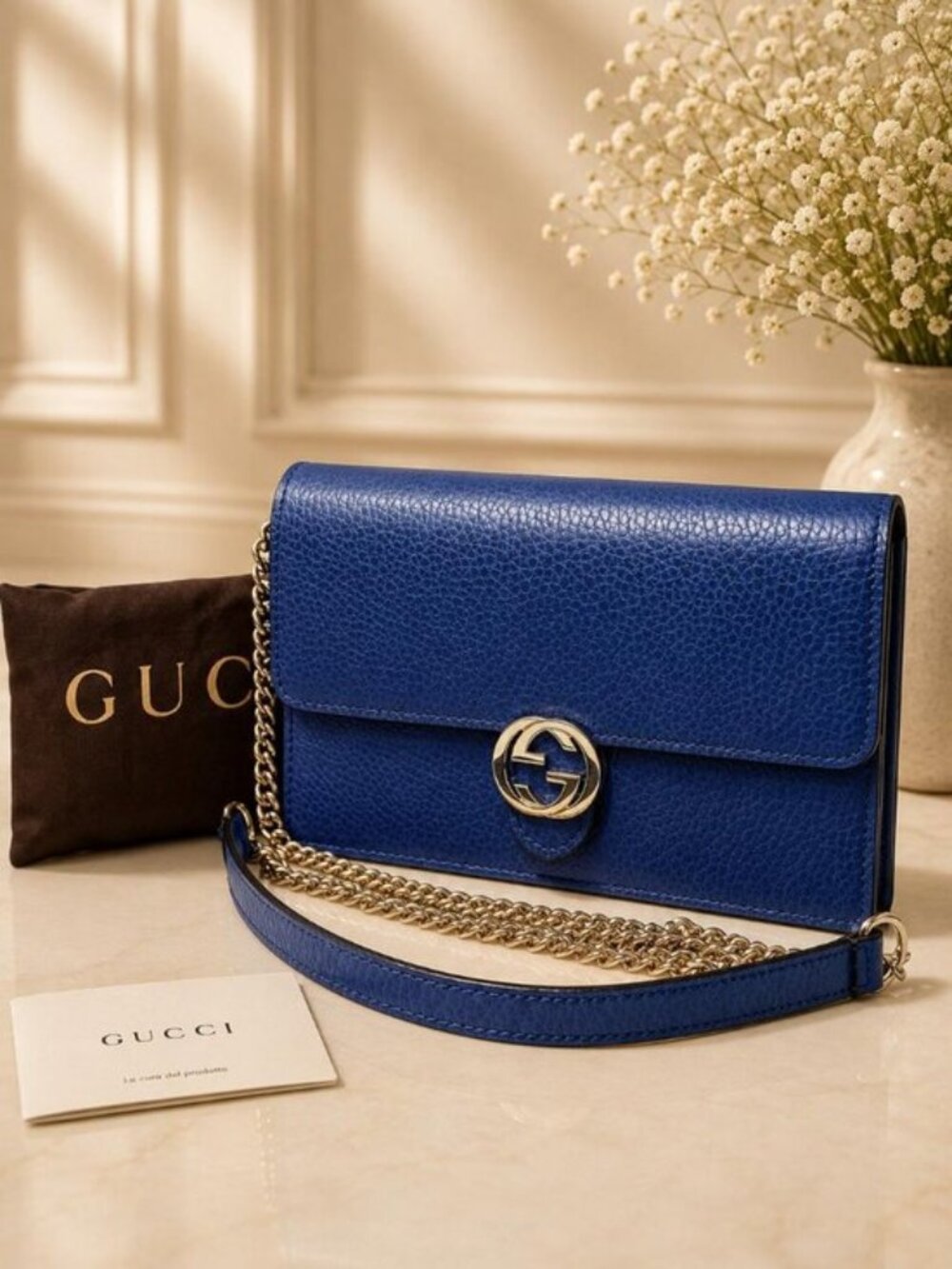 Authentic Gucci Interlocking GG Wallet On Chain Blue Leather WOC Crossbody